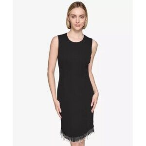 KARL LAGERFELD PARIS Women's Fringe-Trim Sheath Dress Party Cocktail Black 12